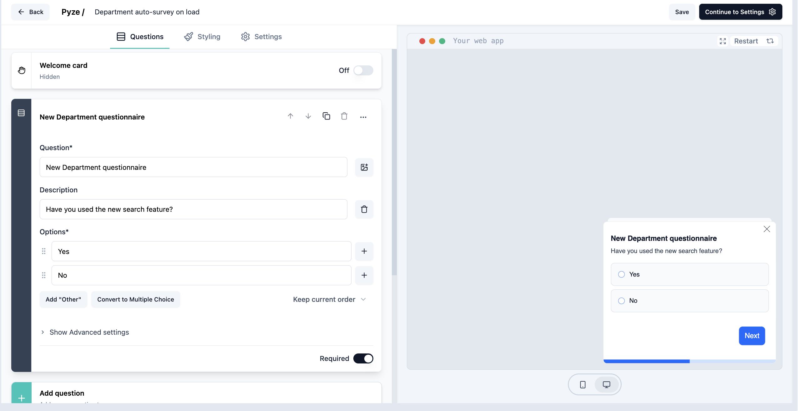 Adding questions to a survey in the Pyze survey builder, with a live preview alongside