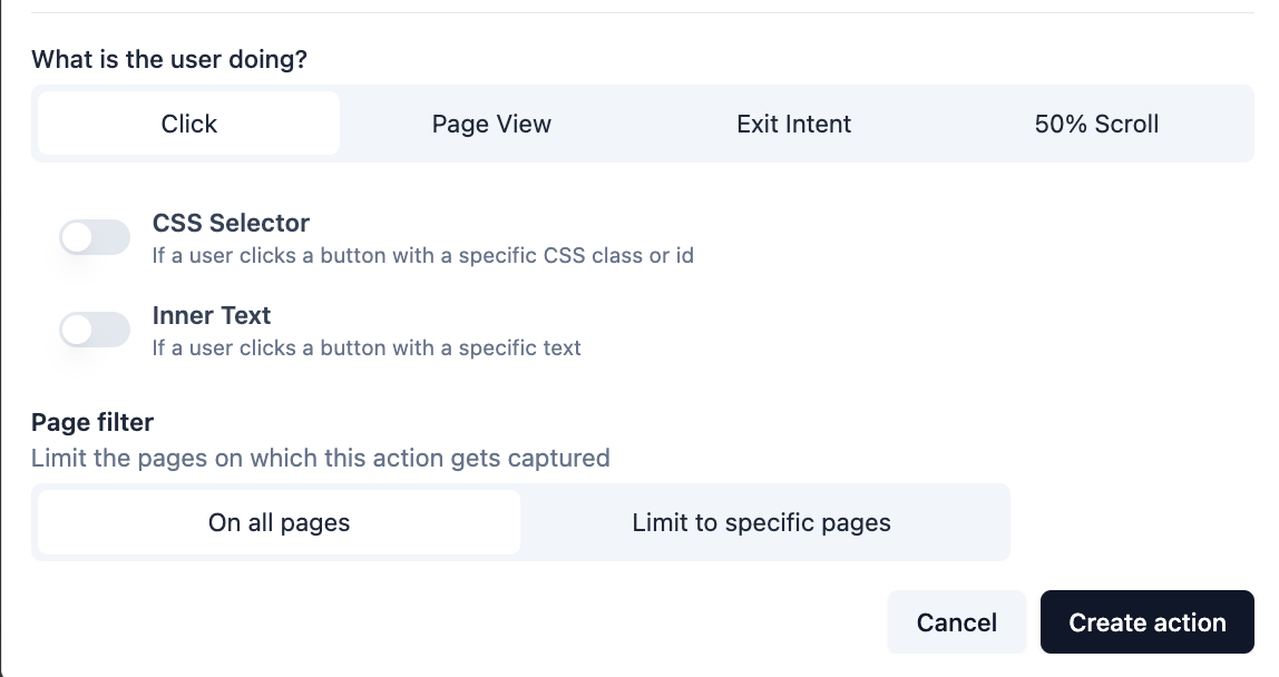 Choosing when a survey appears — Click, Page View, Exit Intent, or 50% Scroll triggers, with a page filter