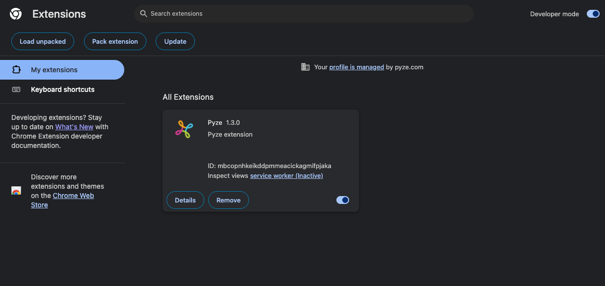 Chrome extensions page with Pyze extension installed