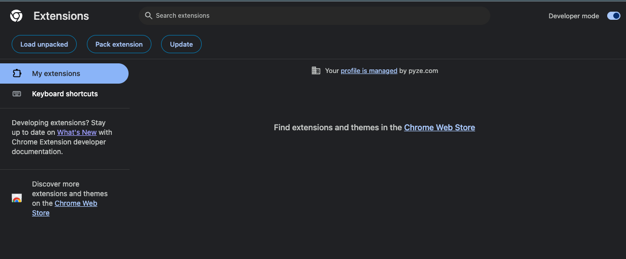 Chrome extensions page with Developer mode enabled