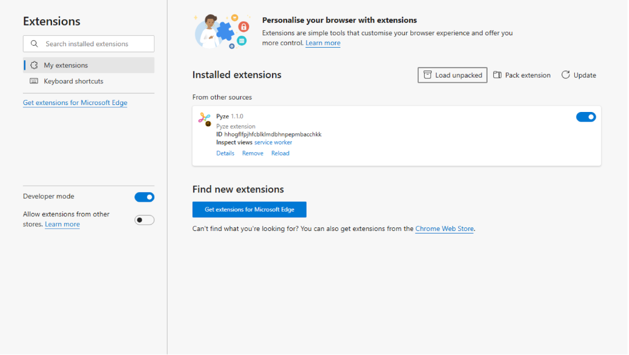 Edge extensions page with Pyze extension installed